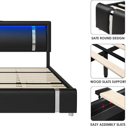 Keyluv Queen Bed Frame with RGB LED Lights Headboard & 2 Storage Drawers, Modern Upholstered Faux Leather Platform Bed with Iron Metal Decor, USB & USB-C Charging Ports, No Box Spring Needed, Black