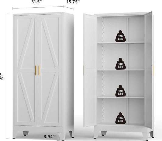 Metal Kitchen Pantry Cabinet, 61" White Farmhouse Storage Cabinet with 2 Vintage Barn Doors and 3 Adjustable Shelves, Rustic Freestanding Cupboard for Kitchen,Home Office Living Room,Dining Room