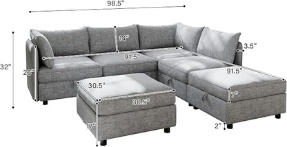 129-Inch U-Shaped 6 Seat Modular Sofa Deep Seat Storage Sectional Sofa Couch Free Combination with Movable Ottomans ,6 Seat Chenille Upholstered U-Shaped Convertible Sleeper Couch for Home Apartment | Space Saving