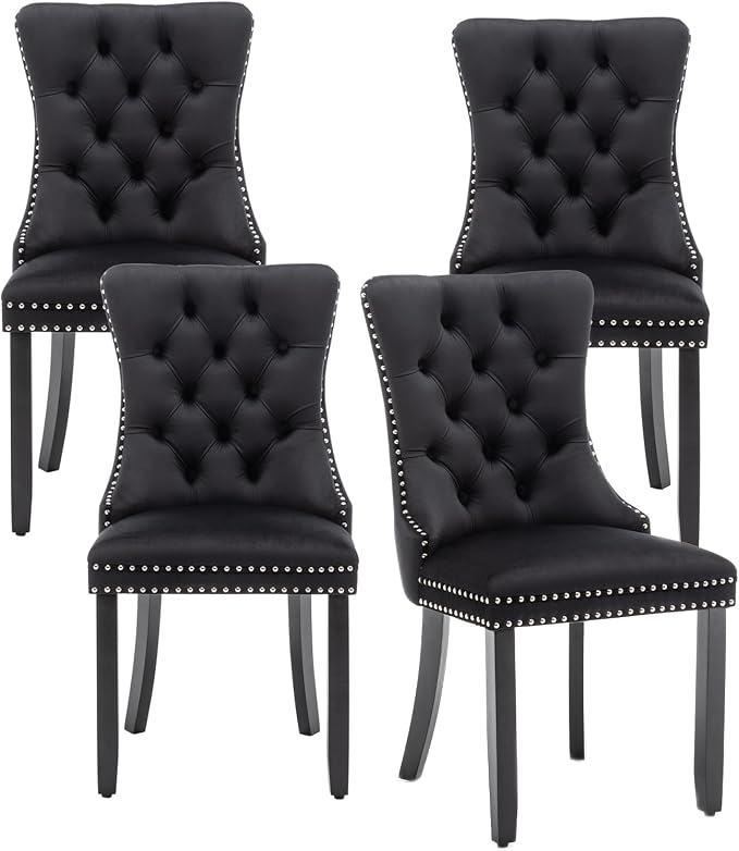 Hixkol Velvet Dining Chairs Set of 4,Upholstered Dining Chairs with Ring Pull Trim and Button Back and Wood Legs, Modern Seating for Kitchen, Bedroom & Living Room(Black)