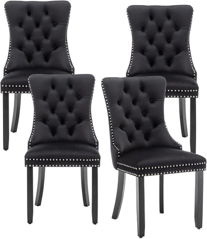Hixkol Velvet Dining Chairs Set of 4,Upholstered Dining Chairs with Ring Pull Trim and Button Back and Wood Legs, Modern Seating for Kitchen, Bedroom & Living Room(Black)