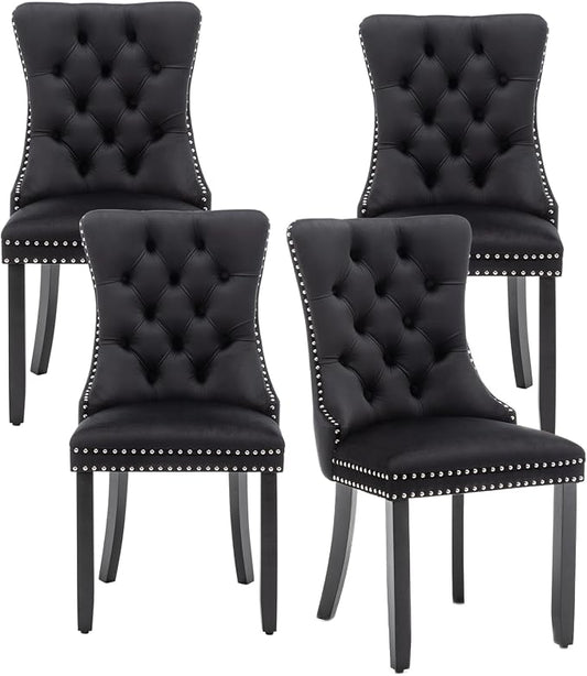 Hixkol Velvet Dining Chairs Set of 4,Upholstered Dining Chairs with Ring Pull Trim and Button Back and Wood Legs, Modern Seating for Kitchen, Bedroom & Living Room(Black)