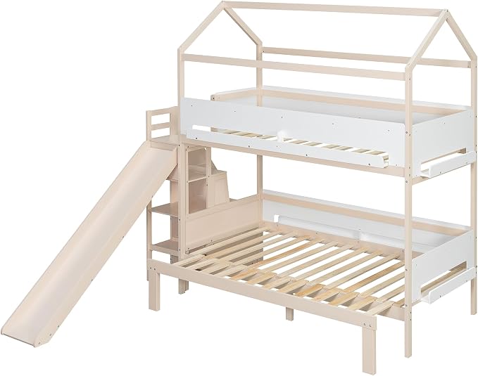 Harper & Bright Designs House Bunk Bed with Trundle and Bookshelf, Twin Over Full Bunk Bed with Slide and Stairs for Kids Teens Adults, Space Saving, No Box Spring Needed, Beige+White