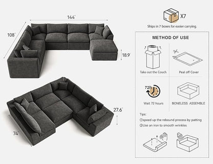 Cloud Sectional Couches for Living Room | 7 Seater U-Shaped Boneless Couch with Ottoman | Dark Grey Modular Sectionals Sofa Couch