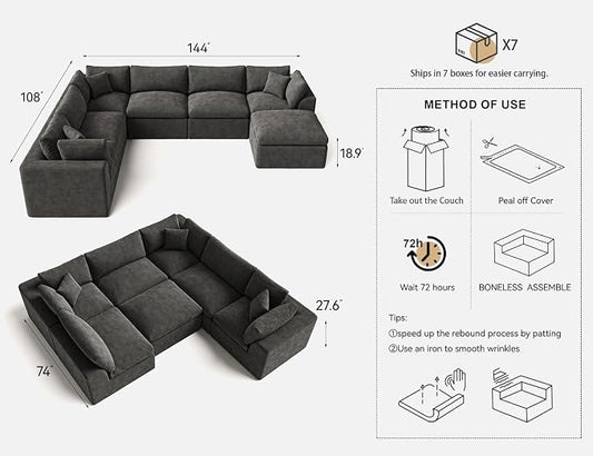Cloud Sectional Couches for Living Room | 7 Seater U-Shaped Boneless Couch with Ottoman | Dark Grey Modular Sectionals Sofa Couch