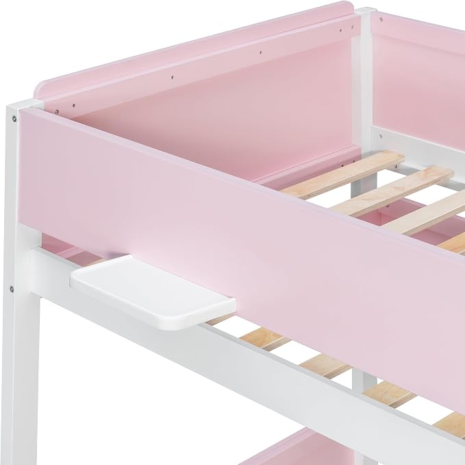 Wood Bunk Bed Twin Over Full with Staircase and Side Shelves | Striped-Design Staircase, Built-In Light Strip, Space-Saving Design, Kids Teens Adults, Versatile Bed Frame