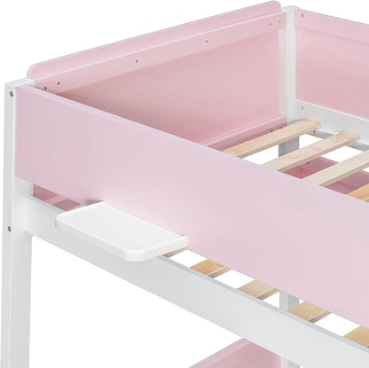 Wood Bunk Bed Twin Over Full with Staircase and Side Shelves | Striped-Design Staircase, Built-In Light Strip, Space-Saving Design, Kids Teens Adults, Versatile Bed Frame
