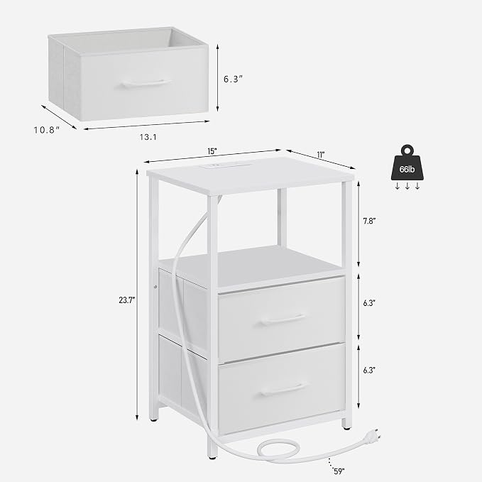 TUTOTAK End Table with Charging Station, Side Table with 2 USB Ports and Outlets, Nightstand with Cloth Drawer, Set of 2, Couch Table, White TB01BW052