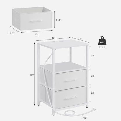 TUTOTAK End Table with Charging Station, Side Table with 2 USB Ports and Outlets, Nightstand with Cloth Drawer, Set of 2, Couch Table, White TB01BW052