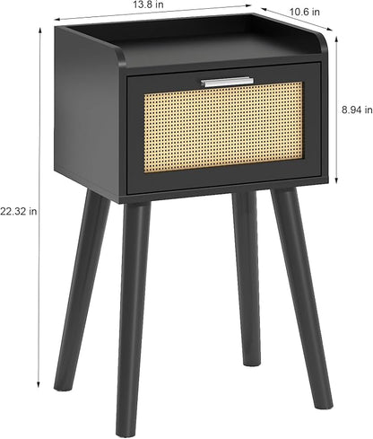 LAATOOREE Nightstand Set of 2, Small Black Bedside Table, End Table with Rattan Door, Boho Side Table with Solid Wood Legs for Bedroom Living Room Small Space
