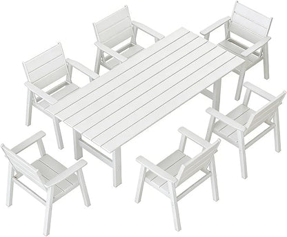 Outdoor Dining Set for 6, 7-Piece Patio Table and Chairs Set, HDPE Outdoor Dining Table and Chairs with Umbrella Hole, All-Weather Dining Furniture Set,White