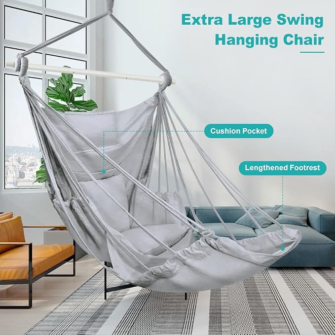 Outerman Hammock Chair, Hanging Chair with 3 Cushions and Foot Rest Support, Durable Metal Spreader Bar Max 440 Lbs, Swing Chair for Bedroom, Indoor & Outdoor, Patio, Porch or Tree（Gray）
