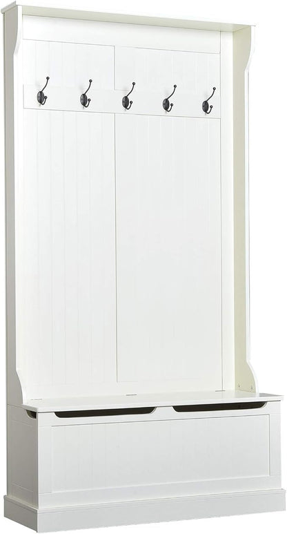 HOMCOM Hall Tree with Bench and Shoe Storage, 3-in-1 Entryway Bench with Coat Rack, 5 Hooks and Flip Top Storage Compartment, Cream White