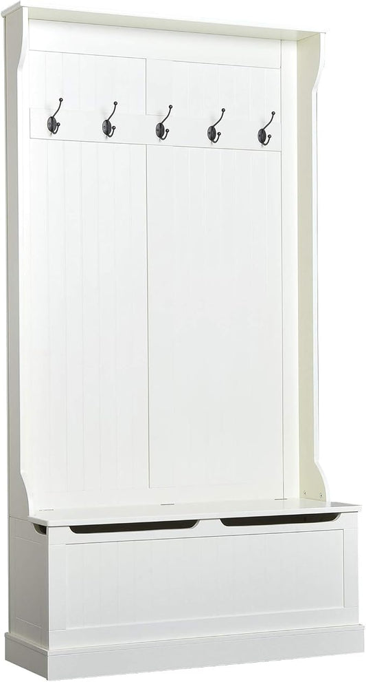 HOMCOM Hall Tree with Bench and Shoe Storage, 3-in-1 Entryway Bench with Coat Rack, 5 Hooks and Flip Top Storage Compartment, Cream White