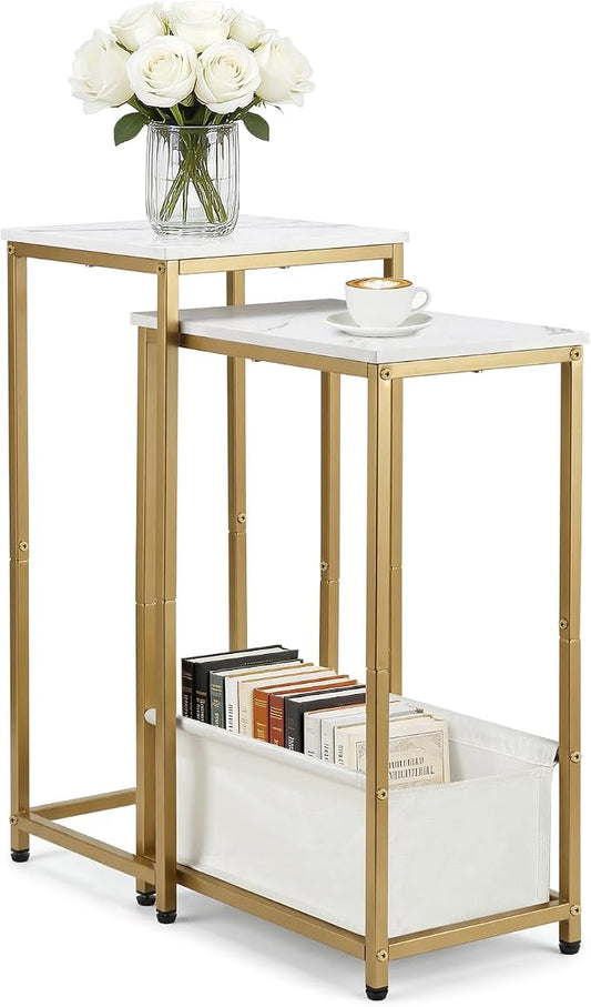 Nesting End Tables Set of 2, Stacking Side Table with Fabric Storage Basket, Small Nightstand for Small Space, Living Room, Bedroom, White Marble & Gold