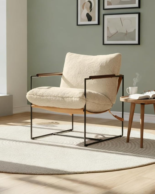 Karl home Modern Metal Frame Accent Chair, Khaki | Plush Fleece Upholstered, Wood Padded Armrest, 28" Seat Width, Comfy Lounge Armchair for Living Room, Bedroom, Apartment