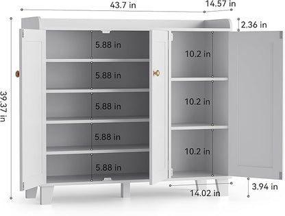 Shoe Storage Cabinet with 3 Doors and Adjustable Shelves，40 Inch Tall Farmhouse Flat-Shelf Wooden Shoe Cabinet，Shoe Rack Shoe Organizer Cabinet for Hallway Entryway Living Room （White）