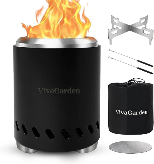 Smokeless Tabletop Fire Pit, VivaGarden Portable Outdoor Fire Pit for Camping, Patio, Backyard, Wood and Pellets Burning Camping Stove with Carry Bag, Forks, Mat and Pot Stand (9.7x7.1 Inch, Black)