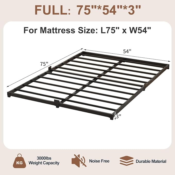 3 Inch Low Profile Full Size Bed Frame, Noise-Free Heavy Duty Metal Platform with Mattress Stopper, No Box Spring Needed, Easy Assembly Steel Support, Black