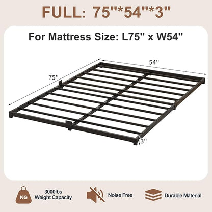 3 Inch Low Profile Full Size Bed Frame, Noise-Free Heavy Duty Metal Platform with Mattress Stopper, No Box Spring Needed, Easy Assembly Steel Support, Black