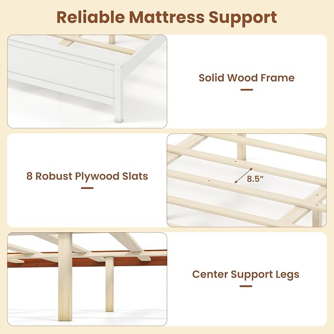 Giantex King Size Wooden Bed Frame with Headboard, Wood Slat Support | Farmhouse Platform Bed with Heavy Duty Mattress Foundation, Under-Bed Storage, No Box Spring Needed, Easy Assembly (White)