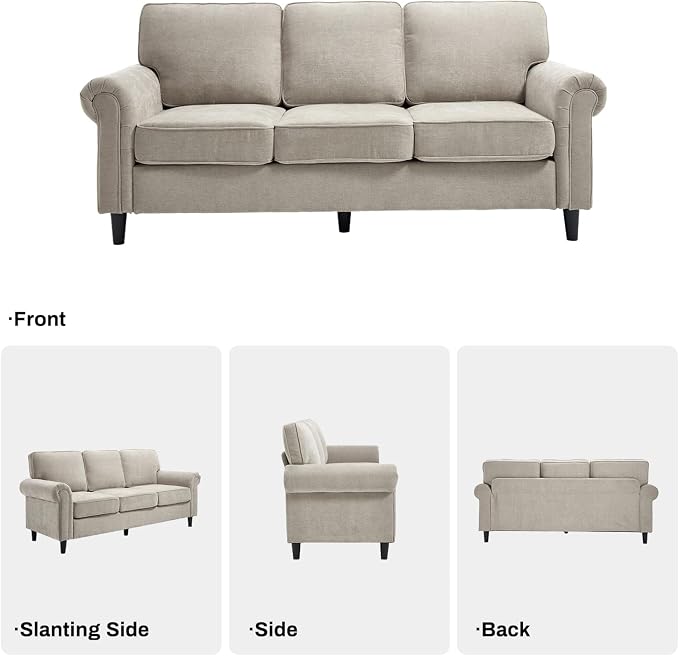 Kingfun 3 Seater Couch, Mid Century Modern Sofa Set with Rolled Arms and Deep Seats, Fluffy Comfort for Living Room, Apartment, Easy Assembly, Khaki