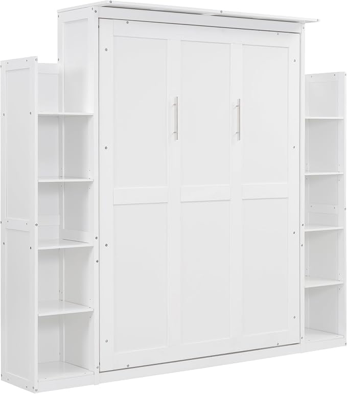 MERITLINE Queen Murphy Bed with Storage Shelves and LED Lights, Wood White Murphy Wall Bed Cabinet with Bookcase Bookshelf for Adults