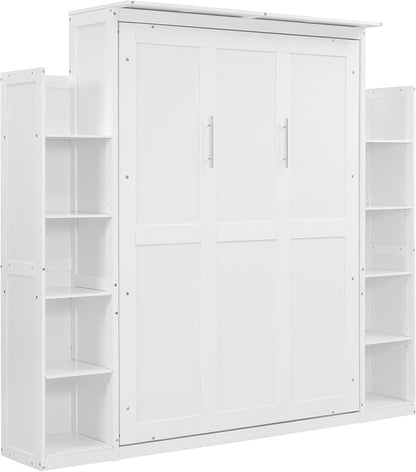 MERITLINE Queen Murphy Bed with Storage Shelves and LED Lights, Wood White Murphy Wall Bed Cabinet with Bookcase Bookshelf for Adults