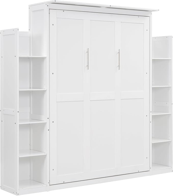 Ball & Cast Full Size Murphy Bed Wall Bed with Shelves and LED Lights,can be Folded,Hideaway Cabinet Frame W/ 2 Five-Layer Cabinets,Slat Support,No Box Spring Needed,for Apartment,Bedroom,White