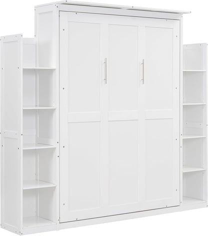 MERITLINE Full Murphy Bed Kit with Storage 8 Shelves and LED Lights, Wood Murphy Bed Cabinet Murphy Bed in a Cabinet White Murphy Wall Bed Units Full Size, LP00069