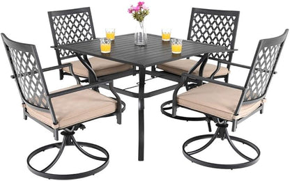 PHI VILLA 5 Pieces Outdoor Dining Set for 4, 37" Black Metal Table with Umbrella Hole & Swivel Wrought Iron Chairs with Cushions, Outside Furniture for Patio, Deck, Yard, Porch