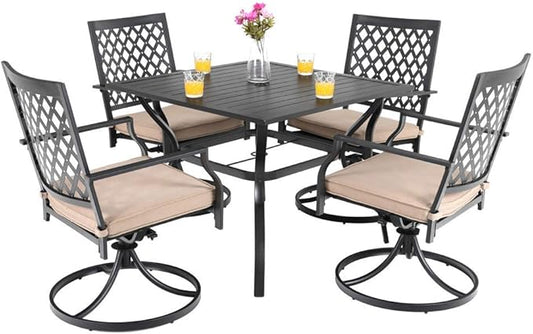 PHI VILLA 5 Pieces Outdoor Dining Set for 4, 37" Black Metal Table with Umbrella Hole & Swivel Wrought Iron Chairs with Cushions, Outside Furniture for Patio, Deck, Yard, Porch