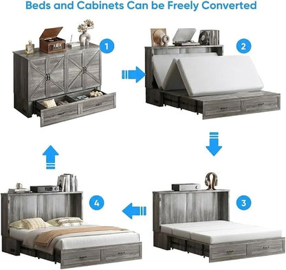 PUREMIND Queen Murphy Bed Cabinet, Bedroom Cabinet Beds with USB Charging Station, Murphy Chest Bed with Storage Drawers, Horizontal Wallbed for Guest Room Grey