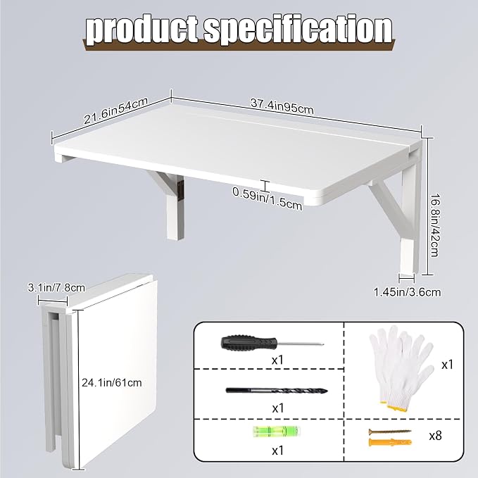 MM MELISEN Wall Mounted Folding Table - White 37.4x21.6 Inch Wood Space-Saving Drop-Leaf for Laundry, Kitchen, Bedroom. Mounts securely, Folds Flat. Compact Workstation for Dorm, Studio, Small Space