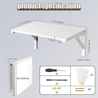 MM MELISEN Wall Mounted Folding Table - White 37.4x21.6 Inch Wood Space-Saving Drop-Leaf for Laundry, Kitchen, Bedroom. Mounts securely, Folds Flat. Compact Workstation for Dorm, Studio, Small Space