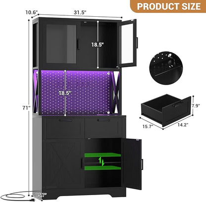Unikito 71" Pantry Cabinet with LED Light & Outlet, Tall Kitchen Pantry Storage Cabinet with Microwave Stand, DIY Pegboard, Drawers and Adjustable shelf, Farmhouse Kitchen Hutch for Dining Room, Black