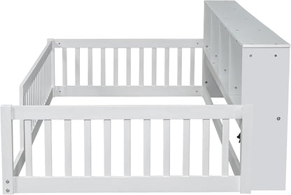 Bellemave Kids Montessori Floor Bed Twin XL Size,Floor Bed Frame with Bookcase and Charging Station for Kids Boys Girls,White