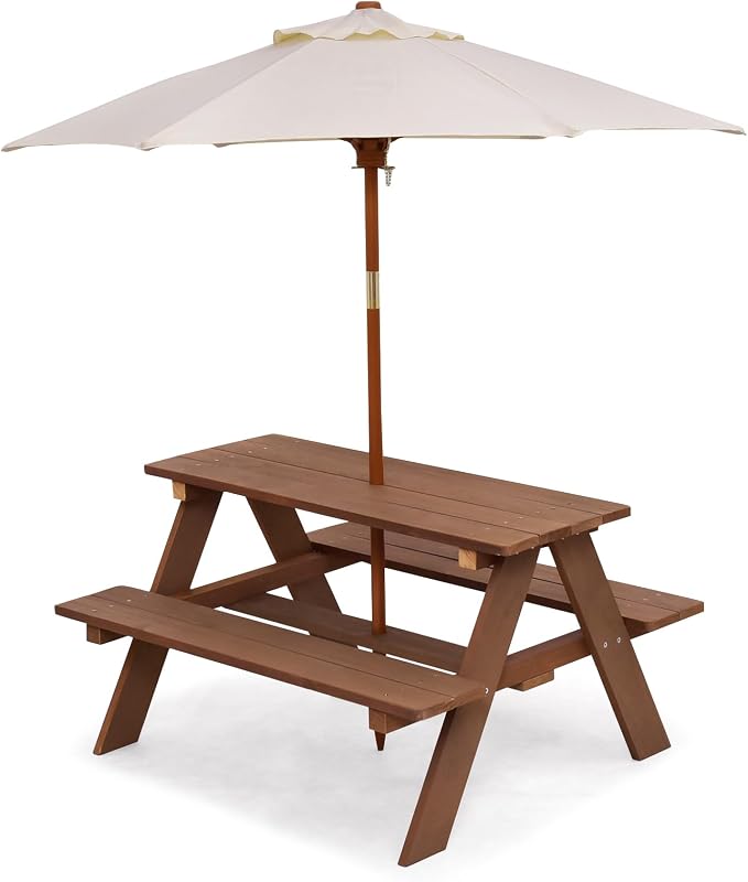 Costzon Kids Picnic Table, Fir Wood Kids Outdoor Table and Chairs with Removable Umbrella, Toddler Picnic Table for Patio, Backyard, Garden (Natural)