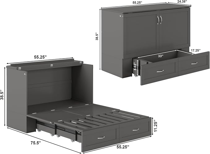 AFI Hamilton Full Murphy Bed Chest with Mattress, Storage, and Built-in Charger in Grey