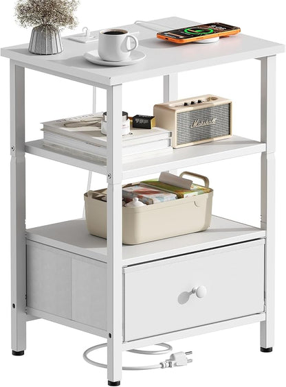 Side Table with Charging Station, Nightstand with Adjustable Fabric Drawer, Bedside Table for Bedrooms, Living Rooms & Home Decor (White)