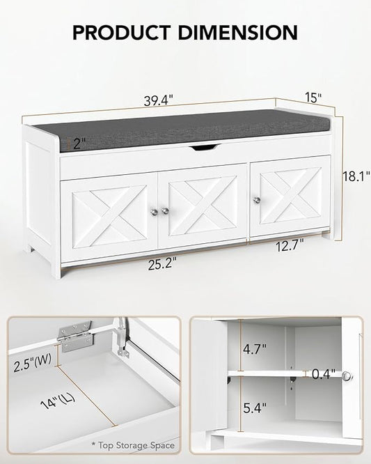 Amada Shoe Storage Bench, Entryway Bench with Cushioned Seat & Lift Top Storage, 3 Doors, Adjustable Shelf, 300 lbs Capacity, Bench with Shoe Rack for Entryway, Bedroom, Living Room, White