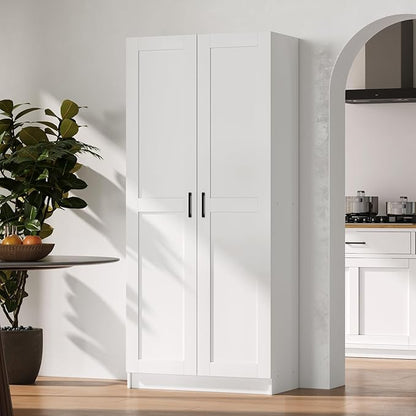 White Tall Kitchen Pantry Cabinet Organizers and Storage with Doors and Adjustable Shelves，Wood Large Gabinetes Para Cocina Office Bookshelf for Laundry Room Cabinets (31.5”W*15.7”D*71”H)