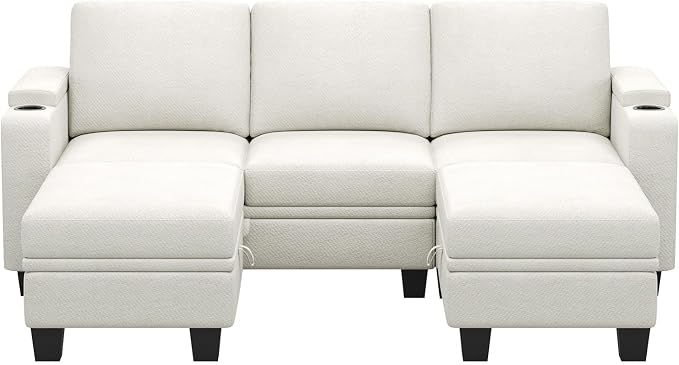 Belffin Small Corner Modular Sectional Couches for Living Room U Shaped Couch with Cup Holder White Couch