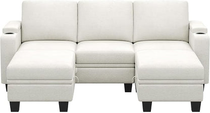 Belffin Small Corner Modular Sectional Couches for Living Room U Shaped Couch with Cup Holder White Couch