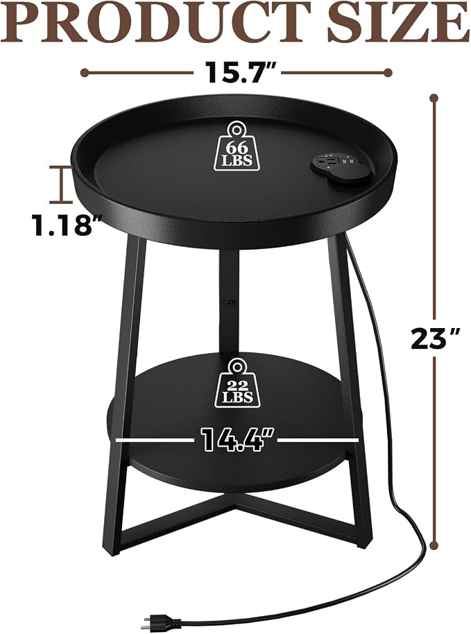 Gadroad Round End Table with Charging Station, USB Ports and Anti-Drop Fence, Wood Tabletop & Black Metal Frame, 2-Tier Side Table for Living Room, Bedroom, Black 15.7 * 15.7 * 23.0 inches