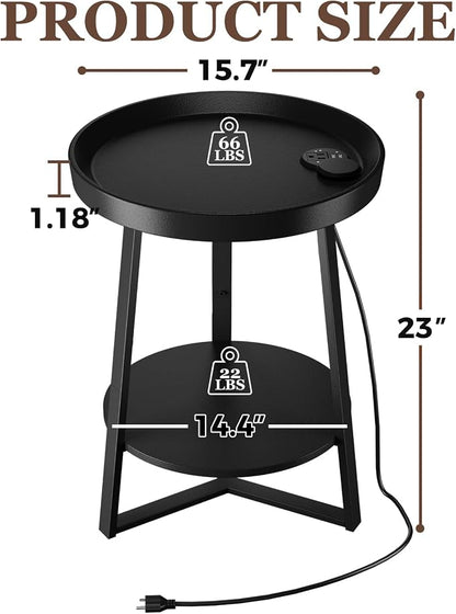 Gadroad Round End Table with Charging Station, USB Ports and Anti-Drop Fence, Wood Tabletop & Black Metal Frame, 2-Tier Side Table for Living Room, Bedroom, Black 15.7 * 15.7 * 23.0 inches