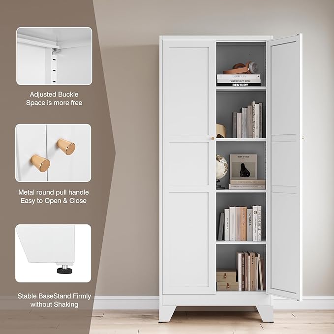 Yizosh Metal Pantry Cabinet,- 72" White Kitchen Pantry Storage Cabinet with Doos and Adjustable Shelves for Kitchen, Living Room,Dining Room,Home