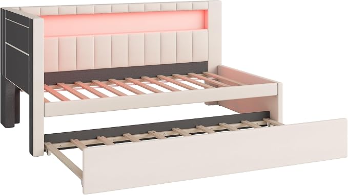 Merax Modern Upholstered Platform Bed Frame with USB Ports & Trundle Bed, Floor Sofa Day Bed, No Box Spring Needed/Easy Assemble/Twin,White