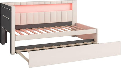 Merax Modern Upholstered Platform Bed Frame with USB Ports & Trundle Bed, Floor Sofa Day Bed, No Box Spring Needed/Easy Assemble/Twin,White