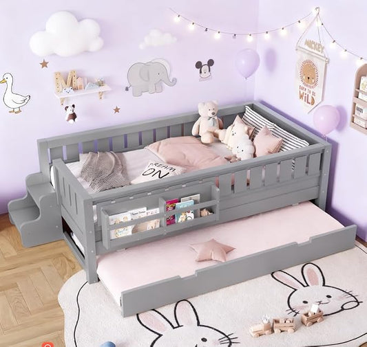 Bellemave Twin Size Kids Bed with high Rails and with Built-in Bookshelf and Trundle for Kids, Girls, Boys, Wood Montessori Bed Without Door, Gray